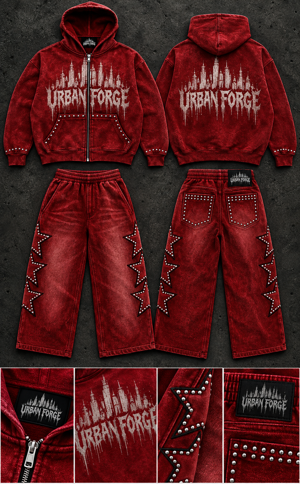 Red Urban Forge zip hoodie and matching pants, front and back views
