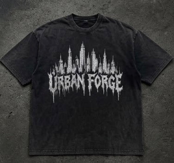 Black Urban Forge skyline graphic tee laid flat