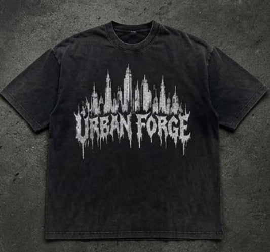 Black Urban Forge skyline graphic tee laid flat