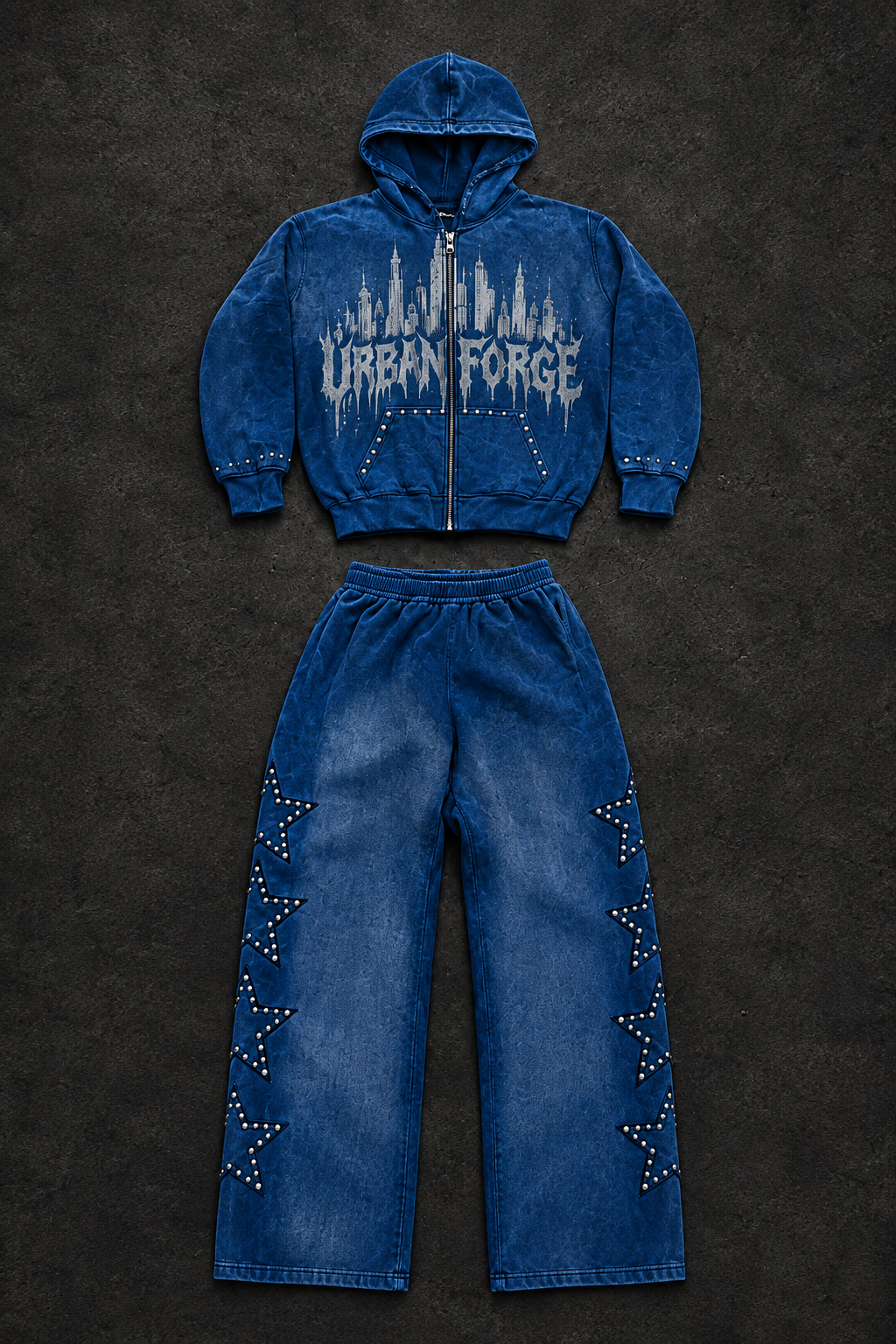 Blue Urban Forge zip hoodie and matching studded-star pants