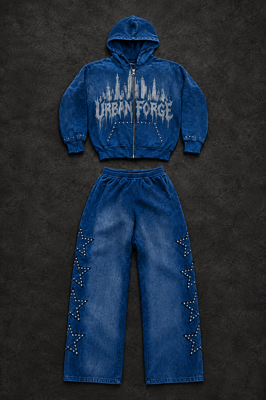 Blue Urban Forge zip hoodie and matching studded-star pants