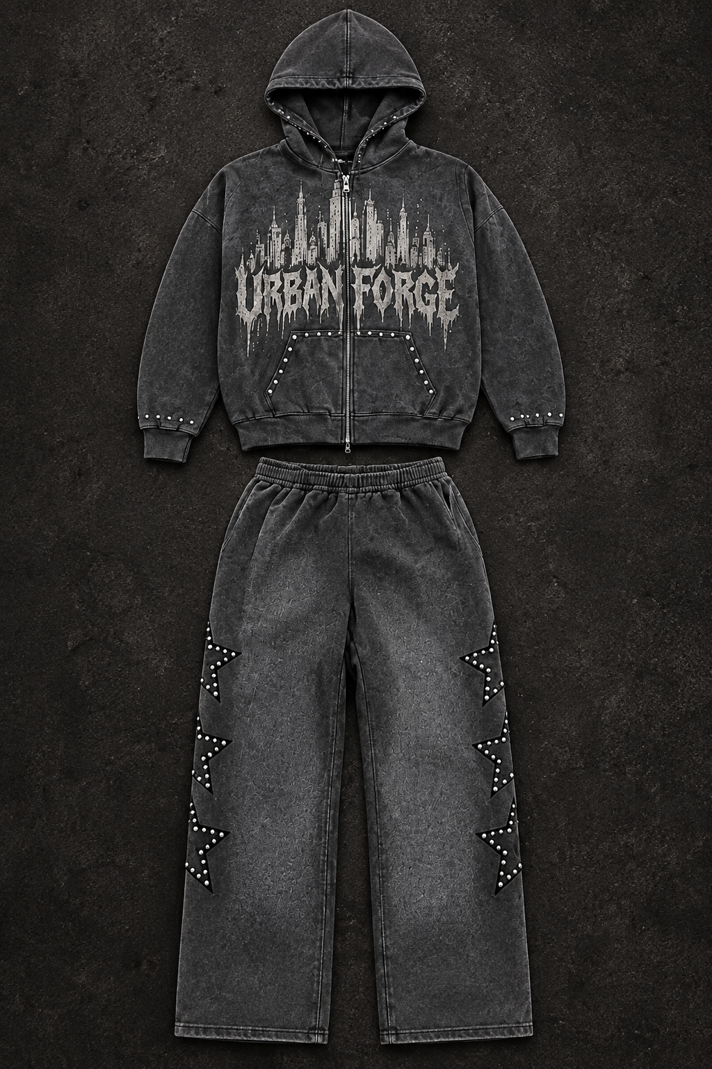 Charcoal gray Urban Forge zip hoodie and matching pants on dark background