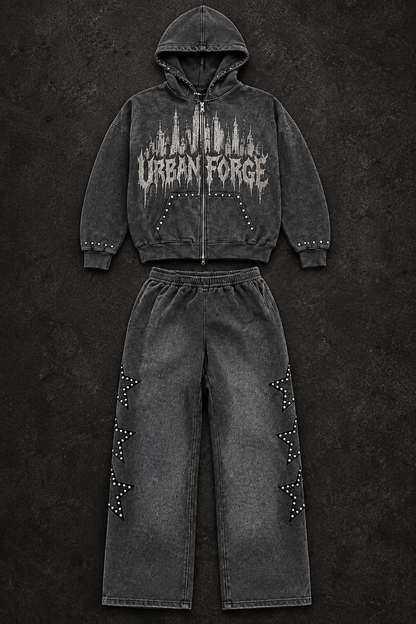 Charcoal gray Urban Forge zip hoodie and matching pants on dark background
